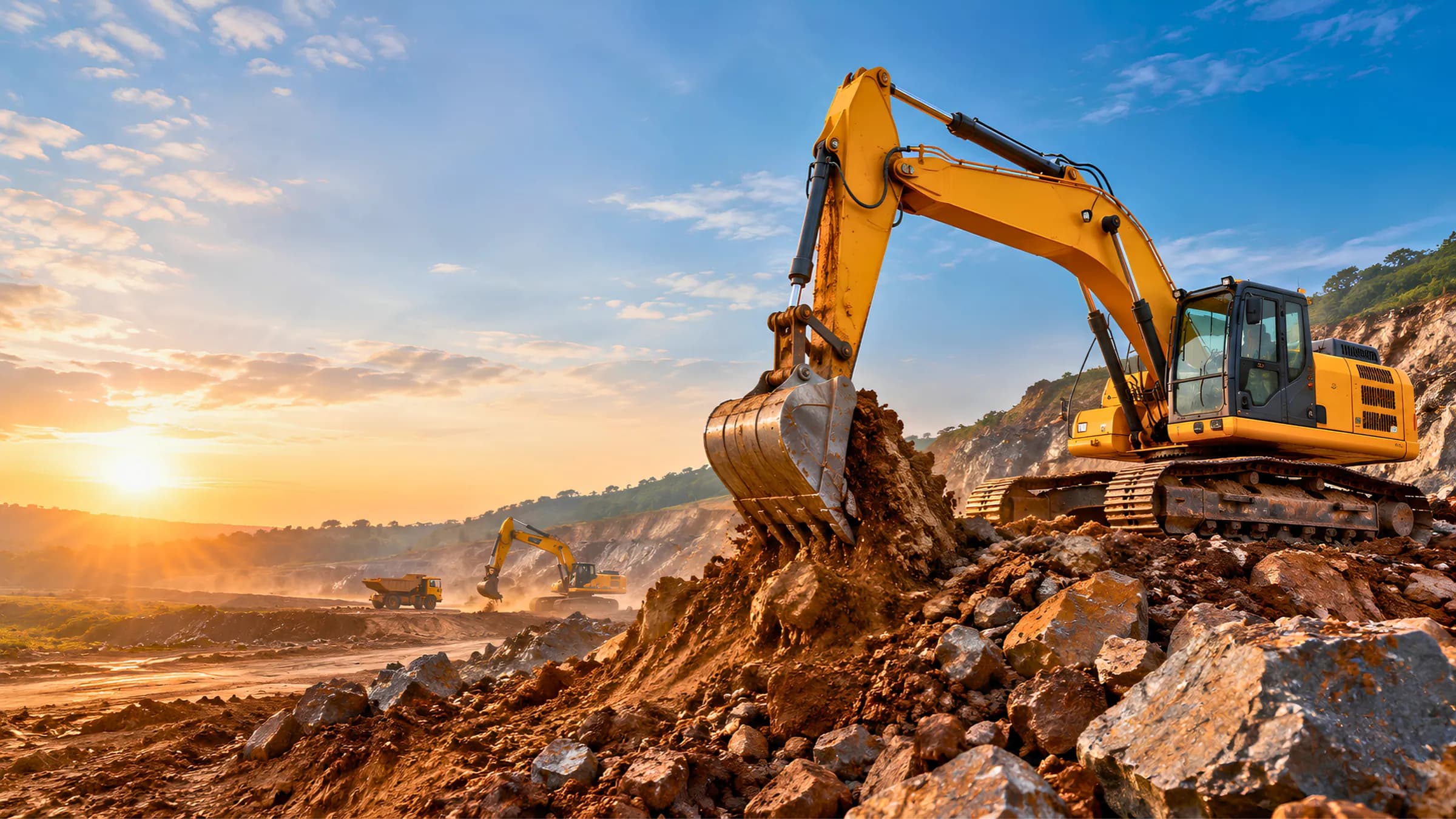 Excavator loading rock and soil at an excavation site at sunrise, with a second excavator and a dumper in the background
